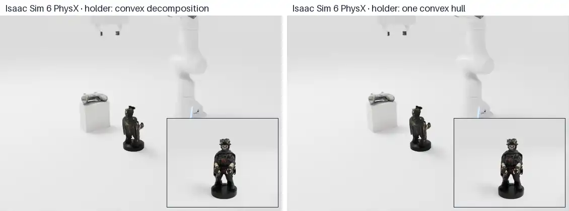 Isaac Sim's Franka places the scanned controller into the scanned holder, decomposed vs one-hull holder